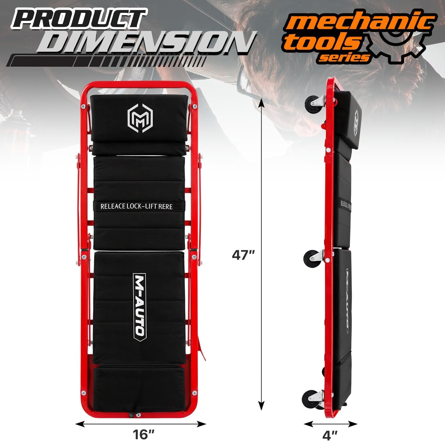 M-AUTO Heavy-Duty Convertible Mechanic Creeper, Z-Creeper 2-in-1 Creeper and Seat 48" Padded Adjustable Headrest Roller Garage Chair with 7 Swivel Casters for Washing, Detailing, Maintenance, Red