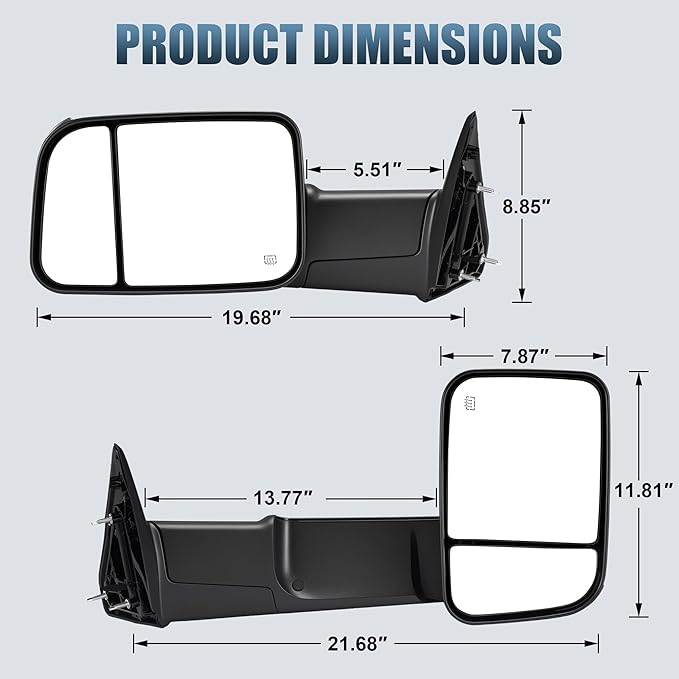 Tow Mirrors Compatible with 2009-2018 Dodge Ram 1500, 2010-2018 2500 3500, Flip Up Extended Trailer Towing Side Mirrors with Turn Signal, Power Heated, Black