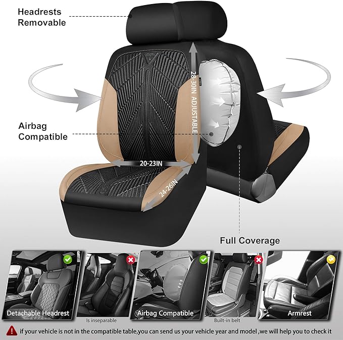 CAR PASS Waterproof Black Beige Car Seat Covers Front Seat Covers Neoprene Wetsuit,All-Weather Non-Slip Durable,Universal Fit for SUV Sedans Trucks Automotive,Airbag Compatible,3D Emboss Black Beige