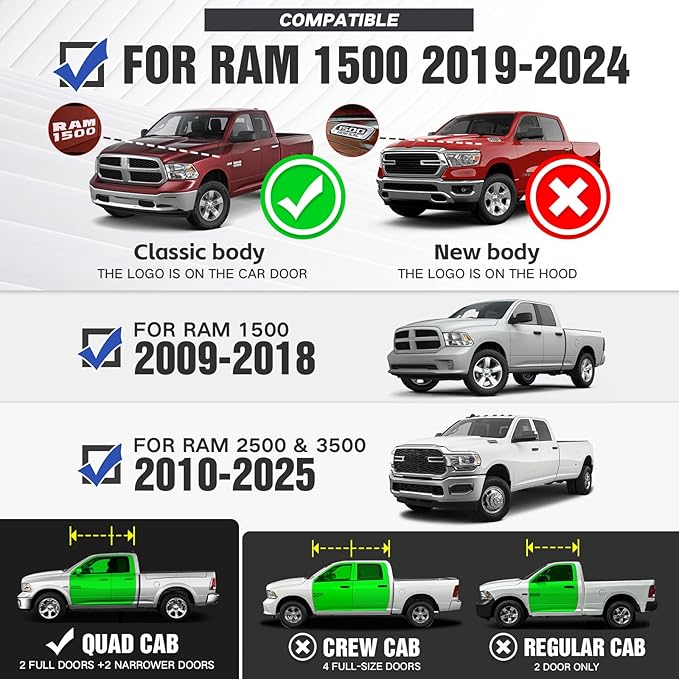 Quad Cab Running Board Side Step Compatible for 2009-2018 Dodge Ram 1500 (Included 2019-2024 1500 Classic), 2010-2024 Ram 2500 3500 Double/Extended Cab, Two Stair Rail Nerf Bar Star Logo