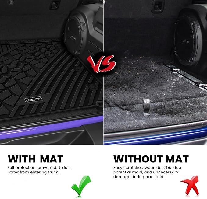 LASFIT Trunk Mat for Jeep Wrangler JL 2018-2024 2025 4 Door Cargo with SUBWOOFER, All Weather TPE Custom Fit Cargo Mat Fit for Flat Load Floor Gas Type, Black (Not for JK/Not PHEV/Not 2-Door)
