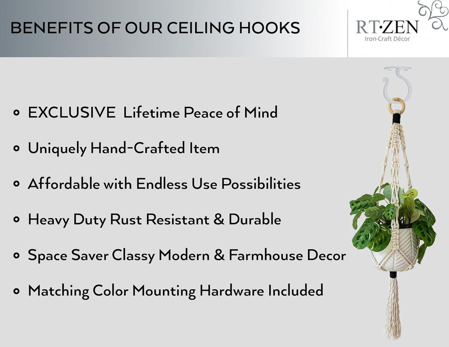 RTZEN Plant Hangers Outdoor or Indoor - Wrought Iron Metal Hanger Indoor Hook - Heavy Duty Wall Bracket Hooks for Hanging Plants Baskets Lanterns Wind Chimes - 2 Pack (Large White Ceiling Hooks)