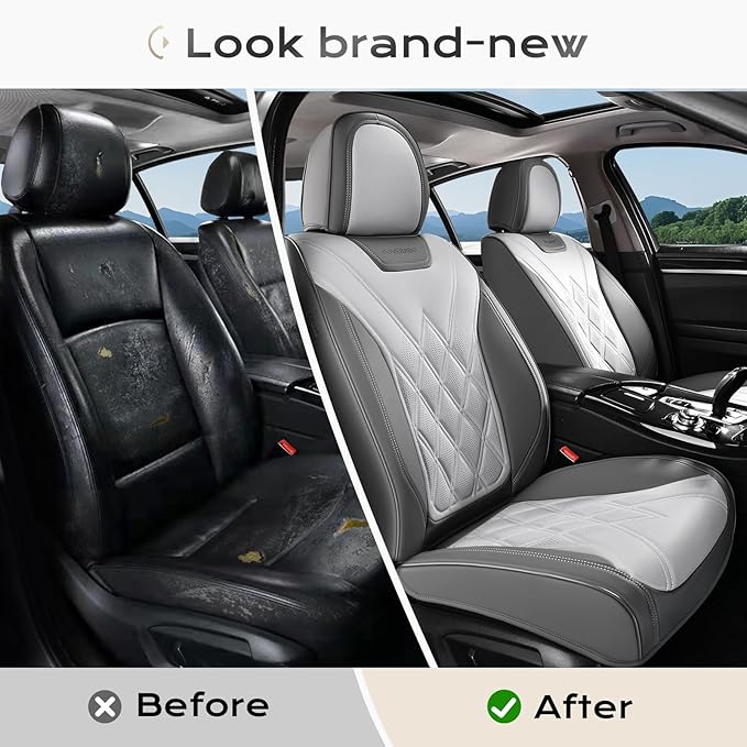 Coverado Car Seat Covers, Front Covers for Cars, Car Seat Cover Front Seats, Automotive Seat Cover, Waterproof, Leather Car Seat Cushion, Universal Interior Seat Protectors for Most Cars Light_Gray