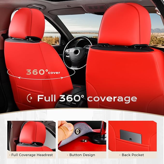 Coverado Car Seat Covers Full Set, Seat Covers for Cars, Front Seat Covers and Back Seat Cover Waterproof Leather Automotive Seat Cover, Universal Car Interior Protectors Cushion for Most Cars Red