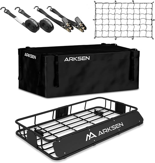 ARKSEN 30 x 50 x 6 Inch Universal Extra Wide 150LB Heavy Duty Roof Rack Cargo with 500D PVC Waterproof Cargo Bag, Cargo Net, Car Top Luggage Holder Carrier Basket for SUV, Truck,Car Steel Construction