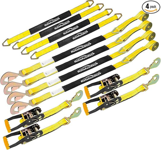 Heavy Duty Adjustable Car Tie Down Kit with Snap Hooks -Break Strength 10,000 lbs-Working Load 3333 lbs-Bonus Includes 4 Pack 36" Axle Straps with D-Ring(Yellow)