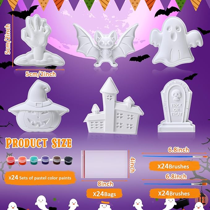 Foilswirl 24 Set Halloween Ceramic to Paint DIY Ghost Tombstone Bat Pumpkin Haunted House Crafts Painting Kit Unpainted Crafts with Brush Bag for Halloween Party Favor Gifts Boo Basket Stuffers