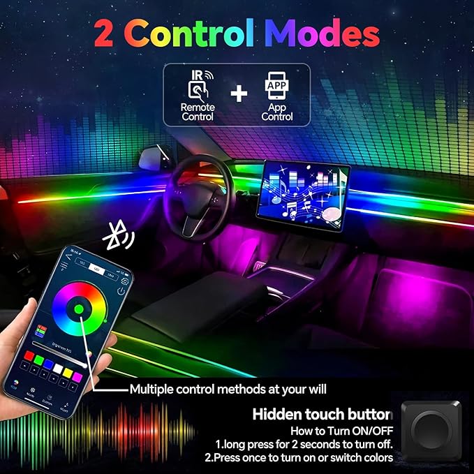 Dream Color Acrylic Interior Car Ambient Light Kit, Bphuny 18 in 1 593 LEDs Fiber Optic Multiple Modes Decoration Atmosphere Lights with Music Dynamic Rainbow Rhythm, RGB Neon Lights for All Cars