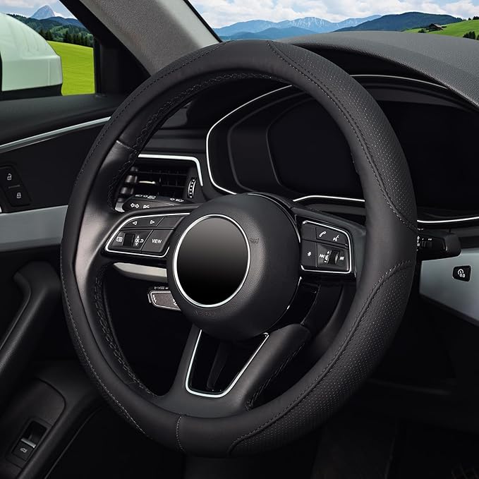 KAFEEK Black Steering Wheel Cover Men Women Universal 15 inch, Black Microfiber Leather, Odorless, Breathable, Durable Leather Cover with Anti-Slip Lining