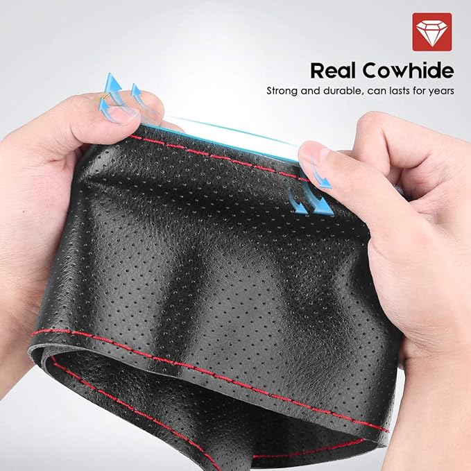 BELINOUS Universal Leather Car Steering Wheel Cover, Stitch On Wrap (Size S2, Black)