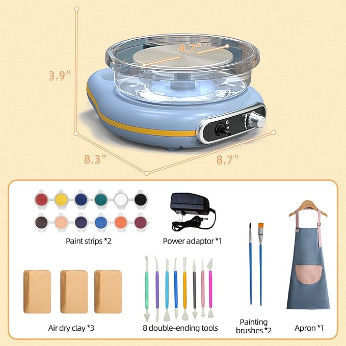 Mini Pottery Wheel Kit for Kids - 4.7" Turntable Two-Way Rotation Electric Pottery Machine, Adjustable Speed, Low Noise, Clay Wheel DIY Kit for Teens Adults Beginners, Pottery Tools Included