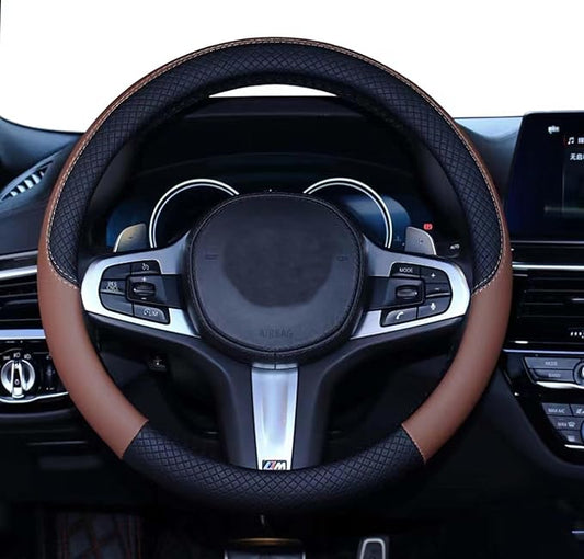 SHIAWASENA Car Steering Wheel Cover, Leather, Universal 15 Inch Fit, Anti-Slip & Odor-Free (Black&Brown)
