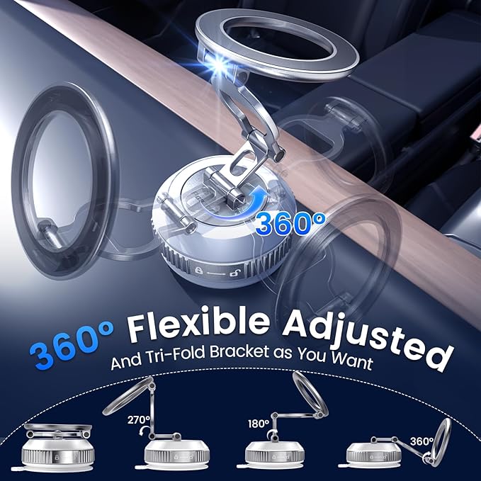 Tri-Folding Car Phone Holder for Magsafe[80+LBs Strongest Suction & 2850gf Strongest Magnetic], 360°Adjustable Phone Holders for Car, Suction Cup Phone Mount for iPhone17 Pro Max/16/15/14Series，Silver