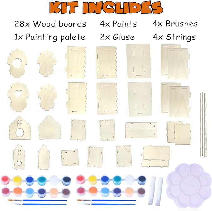 hapray 4 Pack Bird House Crafts for Kids Ages 5-8 8-12, Buildable DIY Birdhouse Kit for Children to Build, Summer Arts and Craft Projects with Paint, 3+ Boy Girl Gift for Halloween Christmas