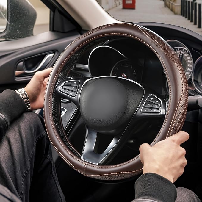 High-Grade Brown Genuine Leather Steering Wheel Cover for Men Women，Real Cowhide Leather Steering Wheel Cover for Cars,Universal 14.5-15 inch Steering Wheels
