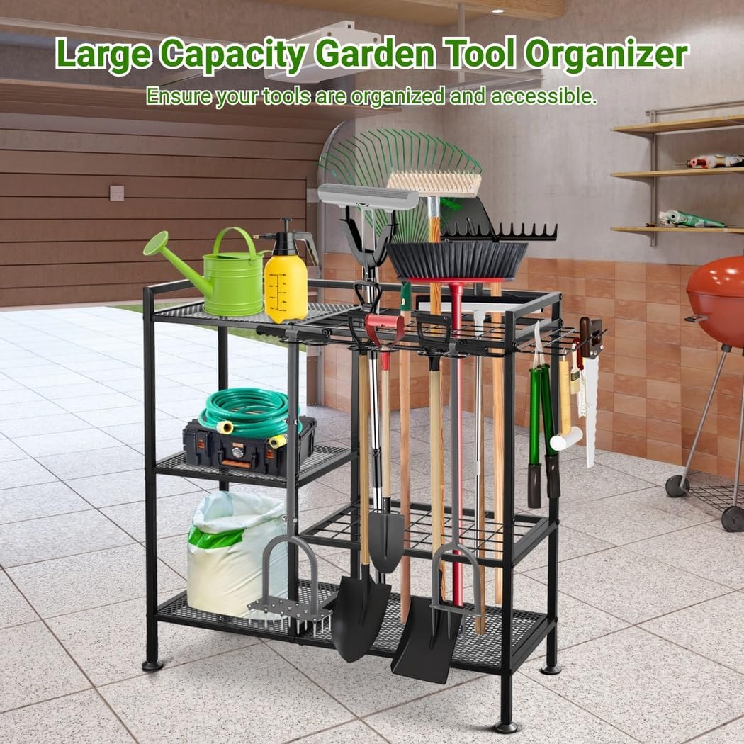 Garden Tool Organizer for Garage, 3 Tiers Garden Tool Holder with Large Tool Slots & Small Tool Hooks, Large Capacity Yard Tool Storage, Heavy Duty Metal Tower Rack for Lawn Garage Shed