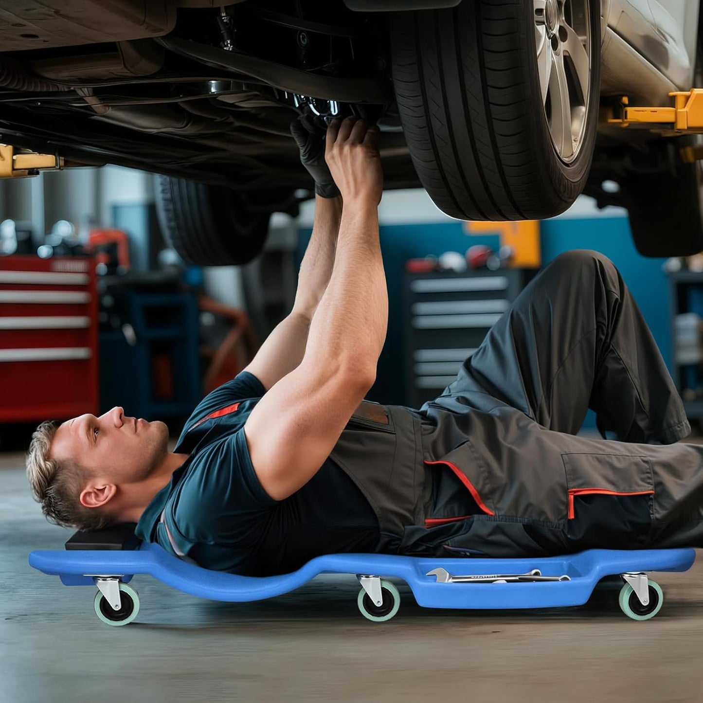 Magshion Mechanic Creeper with Padded Headrest & Tool Trays – 440 lbs Capacity, Rolling Garage Creeper with 6 Swivel Wheels, Lightweight & Portable Under Car Creeper for Auto Repair (Blue)