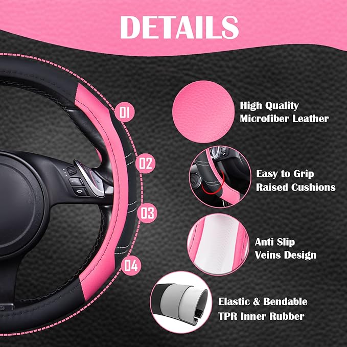 CAR PASS Line Rider Microfiber Leather Sporty 14.5-15 inch Steering Wheel Cover Universal Fits for 95% Truck,SUV,Cars, Anti-Slip Safety Comfortable Design (Black Pink)