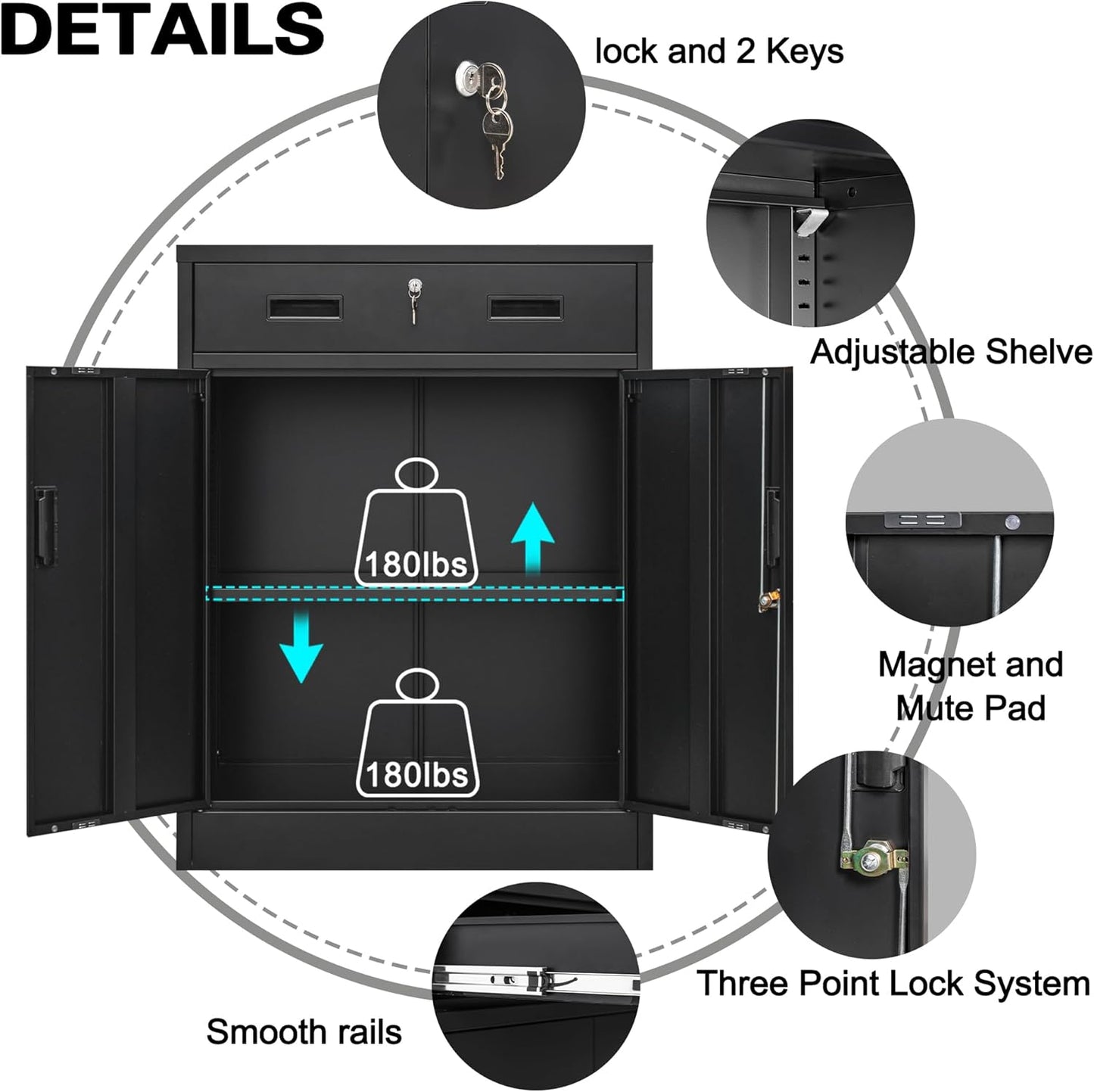 Metal Storage Cabinet, Locking Cabinet with One Drawer and Adjustable Shelf, 36.2" H x 28" W x 16" D Steel Storage Cabinet for Office, Garage, Home-Black