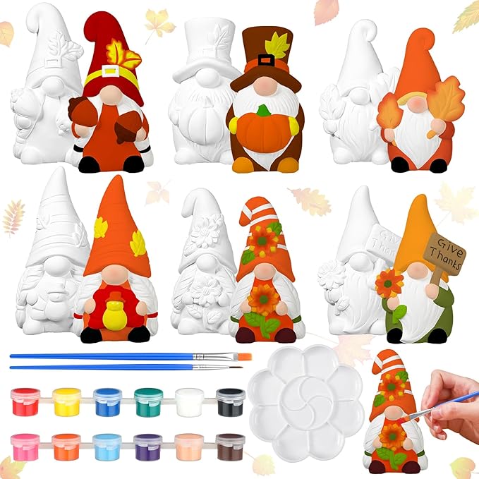 Eersida 6 Sets Fall Gnome Ceramics to Paint Thanksgiving Ready to Paint Your Own Ceramic Autumn Pumpkin Gnome Statues DIY Unpainted Ceramics Paintable Figurines Kit Crafts with Brush Palette
