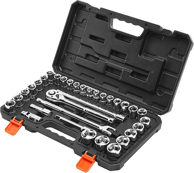 VEVOR Socket Set, 33 Pieces, 1/2 inch Drive Socket and Ratchet Set, SAE and Metric, Mechanic Tool Kit with Ratchet Wrench, Extension Bar and Storage Case, CR-V Alloy Steel, for Automotive Repair