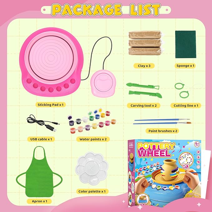Pottery Wheel for Kids– Complete DIY Pottery Painting Kit for Ages 8-12 Beginners with 4 Air-Dry Clay Packs and Tools, Arts & Crafts Supplies Toys Birthday Gift for Boys Girls 6+ Years Old (Pink)