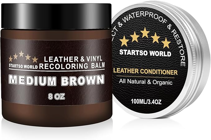 STARTSO WORLD 200Ml Leather Recoloring Balm with 100ML Leather Conditioner, Medium Brown Leather Repair Kit for Furniture, Leather Dye, Leather Scratch Repair, Leather Couch Paint