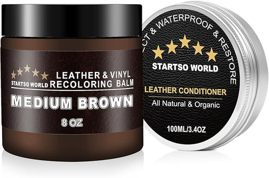 STARTSO WORLD 200Ml Leather Recoloring Balm with 100ML Leather Conditioner, Medium Brown Leather Repair Kit for Furniture, Leather Dye, Leather Scratch Repair, Leather Couch Paint