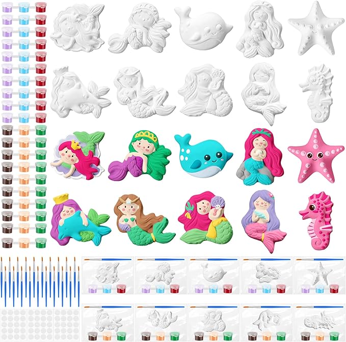 Simgoing 20 Set Dinosaur Unicorn Mermaid Donut Jungle Animal DIY Painting Kit Pumpkin Snowman Ceramic Paint Your Own Figurines Unpainted Plaster Craft for Party Favor(Mermaid)