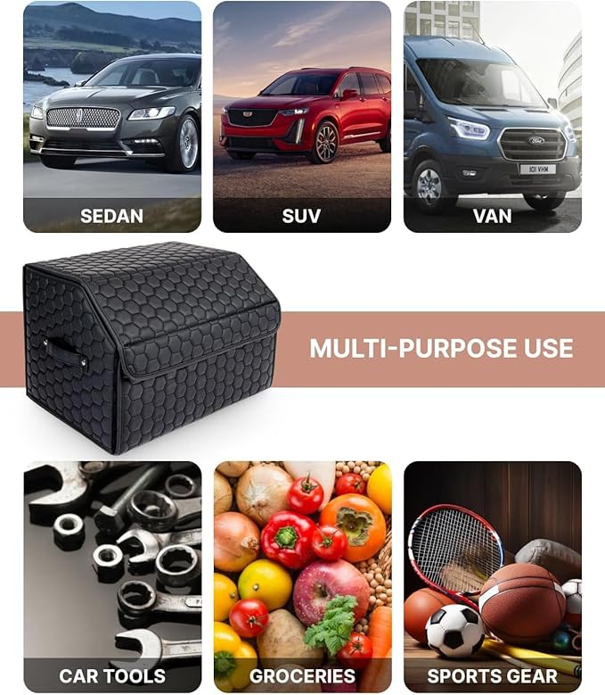 Owleys Cargo Organizer 17.7" - Compact Storage Totes With Lids For SUV, Sedan Or Truck - Durable Car Crate For Travel Essentials - Unique Gifts For Dad (Black 17.7)