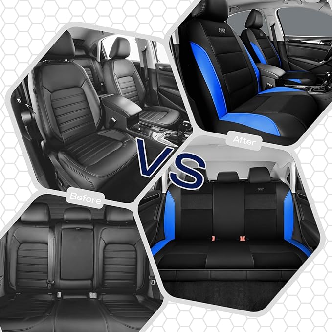 Skechers Aircooled & Memory Foam Seat Covers,Premium Leather with EVA Mesh Car Seat Covers,Seat Cover Full Sets,Airbag Compatible Automotive Comfort for Most Cars, Vans, Trucks, SUV,Blue