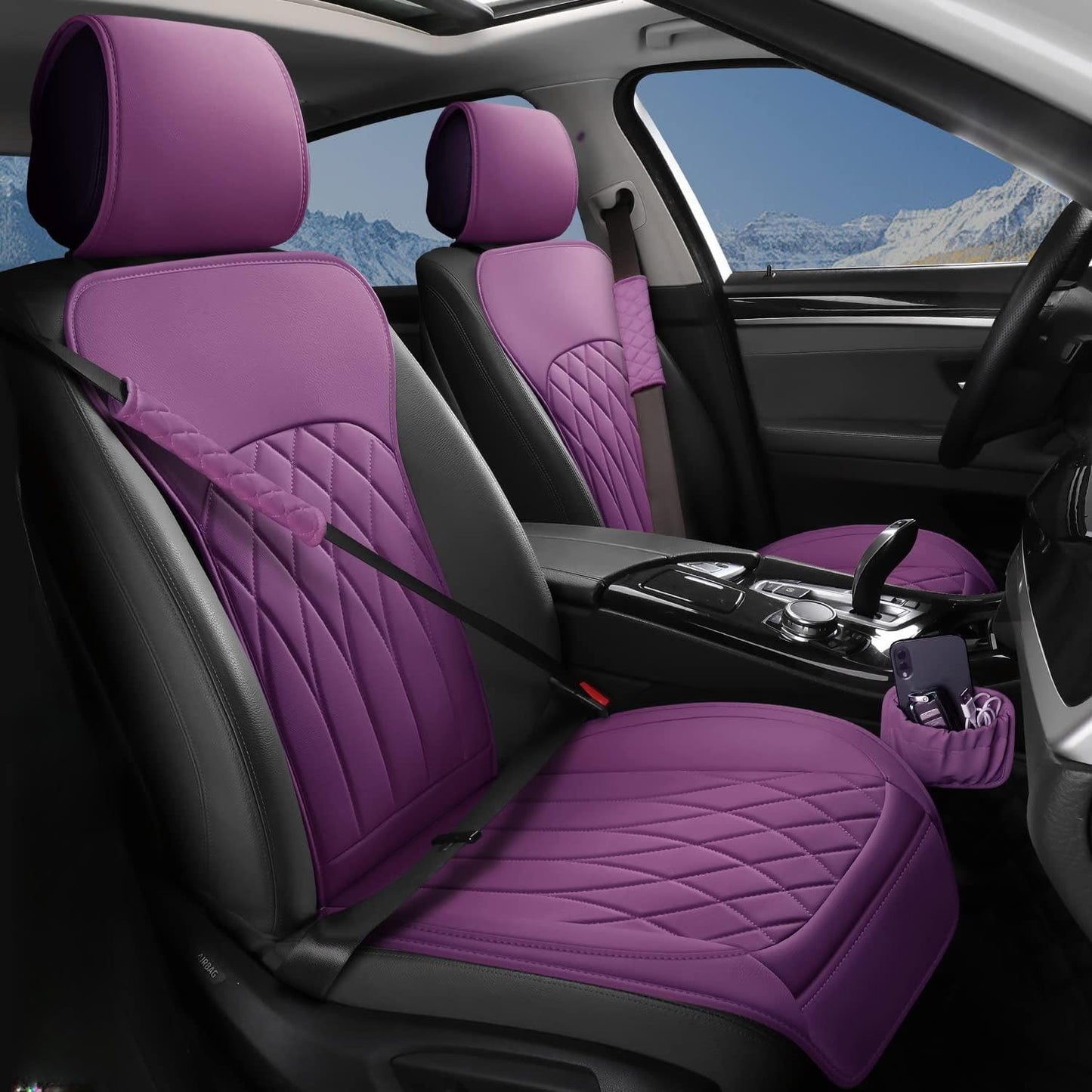 2 Pack Leather Front Car Seat Covers, Universal Sideless Car Seat Protectors with Storage Pocket and Seat Belt Pads, Waterproof Automotive Seat Cover for Cars Trucks SUV(Purple)
