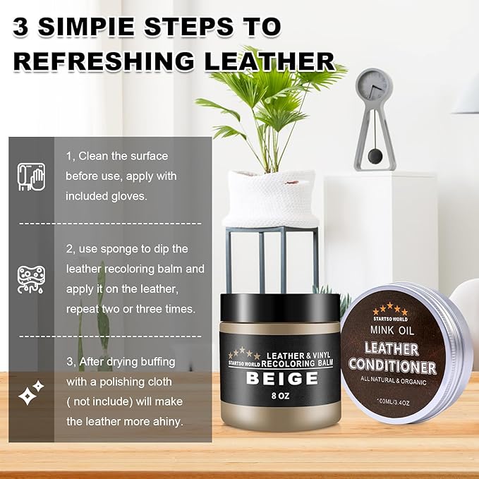 STARTSO WORLD Leather Recoloring Balm with Mink Oil Leather Conditioner, Leather Repair Kit for Couches,Beige Leather Dye for Furniture, Car Seat, Sofa, Shoes, Vinyl
