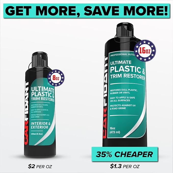 Carfidant Plastic Restorer for Cars – Refreshes Faded Plastic, Vinyl & Rubber Trim with Polish for Deep Shine – Protects Against UV & Dirt – Black Exterior & Interior Care for Detailing - 16 fl. Oz.