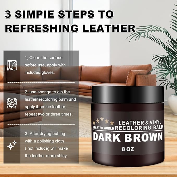 STARTSO WORLD Leather Recoloring Balm, Dark Brown Leather Repair Kit for Furniture, Leather Dye, Leather Color Restorer for Couches, Leather Couch Paint | Repair, Restore Faded & Scratched Leather