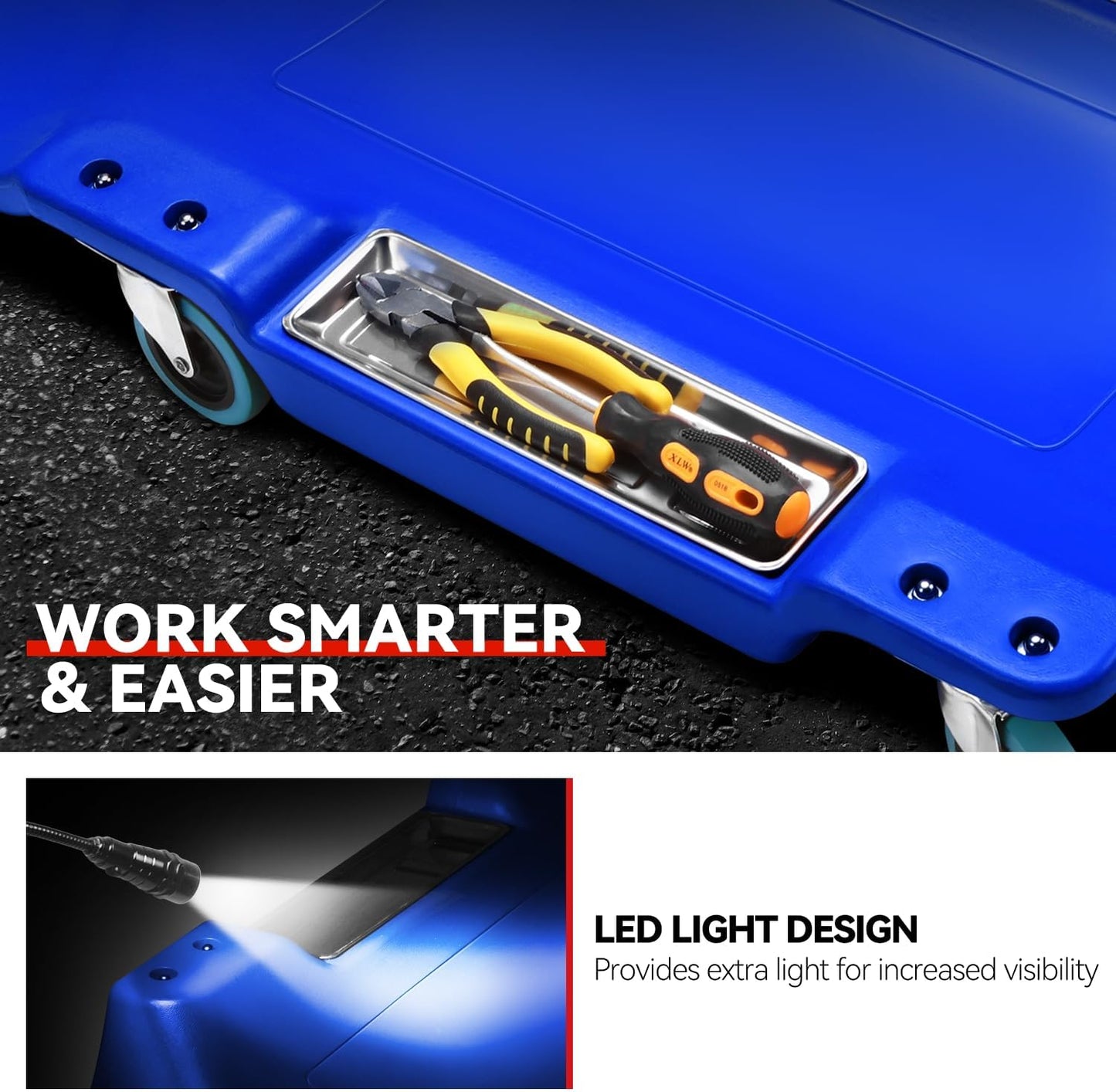 Auto Dynasty 40 Inches Mechanic Creeper, Automotive Garage Repair Low Profile Under Car Rolling Creeper with LED Light and Padded Headrest, Plastic, Blue