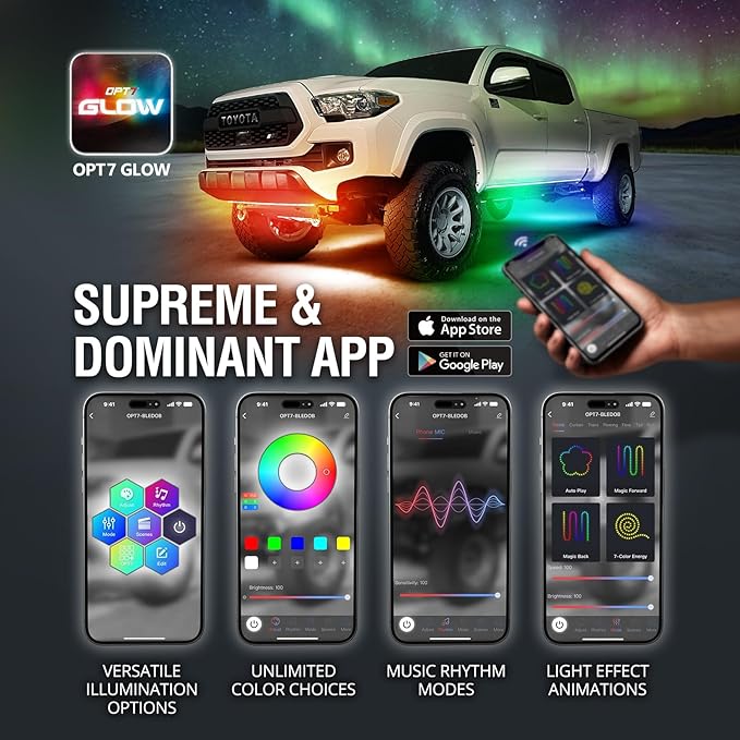 OPT7 Aura DreamColor Underglow Chasing Lights for Truck w/APP & Remote Control, Waterproof Rigid Aluminum LED Light Bar, Exterior Neon Accent Underbody RGBIC Lighting Kit, Multicolor Music Mode, 12V