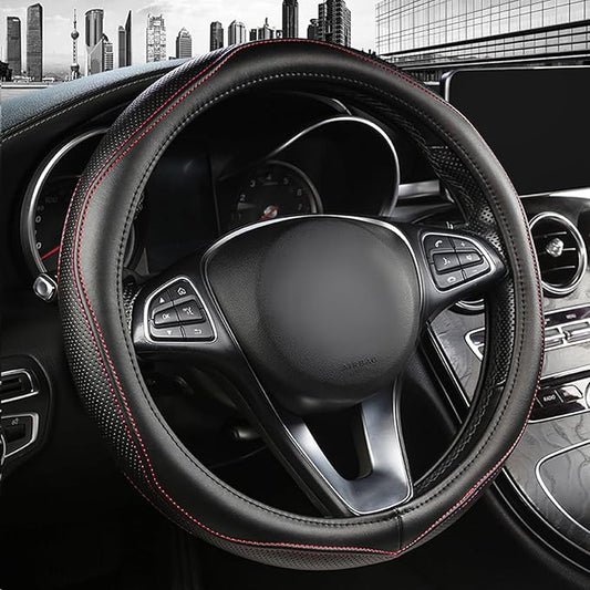 High-Grade Real Cowhide Steering Wheel Cover for Men Women，Black Genuine Leather Steering Wheel Cover for Cars,Universal 14.5-15 inch Steering Wheels