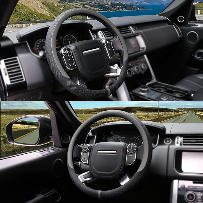 COFIT Breathable Car Steering Wheel Cover 16 inch Auto Universal Leather Wrap Non-Slip Steeringwheel Protector Automotive Interior Accessories, Grey (Suit for 15.5-16 inch)