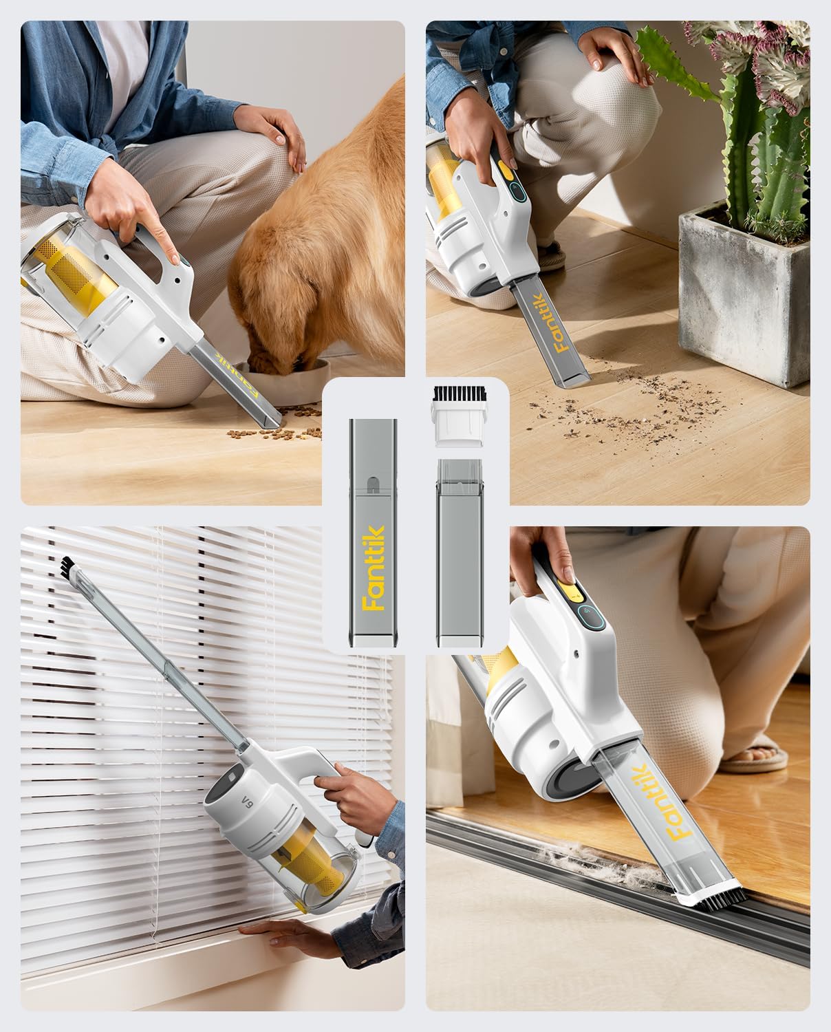 Fanttik Cruise V9 Car Vacuum Cleaner Suction Power with 15000Pa Handheld Vacuum Cordless with Extension Tube & LED Display & Light, Cordless Portable Mini for Home Car Cleaning, White