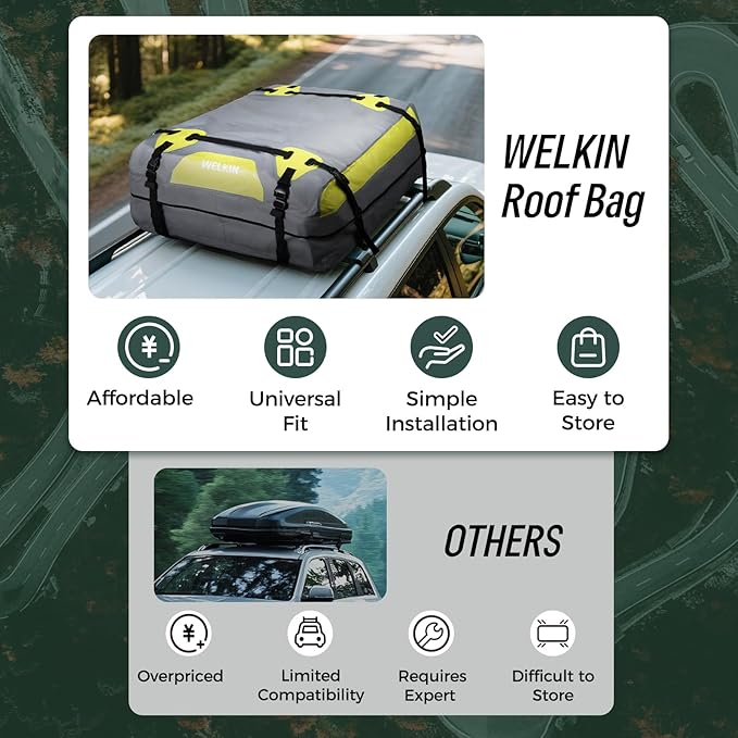 WELKIN Heavy Duty Rooftop Cargo Carrier Bag - 21 Cubic Waterproof Car Roof Bag for All Vehicles with/Without Rack - Includes Anti-Slip Mat, 8 Door Hooks, TSA Lock & Storage Bag - Reinforced Straps