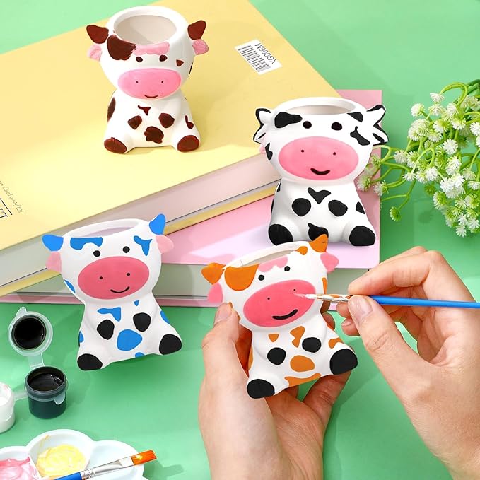 Pasimy 6 Set DIY Ceramic Succulent Planter Pots Paint Your Own Flower Pots Craft Kit Unpainted Bisque Paintable Flowerpot with Brush Palette Ready to Paint for Family Activity Gift(Cow)