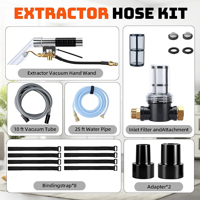 Extractor Hose Kit Compatible with Shop Vac Extractor Kit,Better Extractor Hose Kit for Carpet & Upholstery Cleaning,Converts Vacuum to Cleaner With 25FT Water Line and 10 FT Vacuum Hose & Adapter