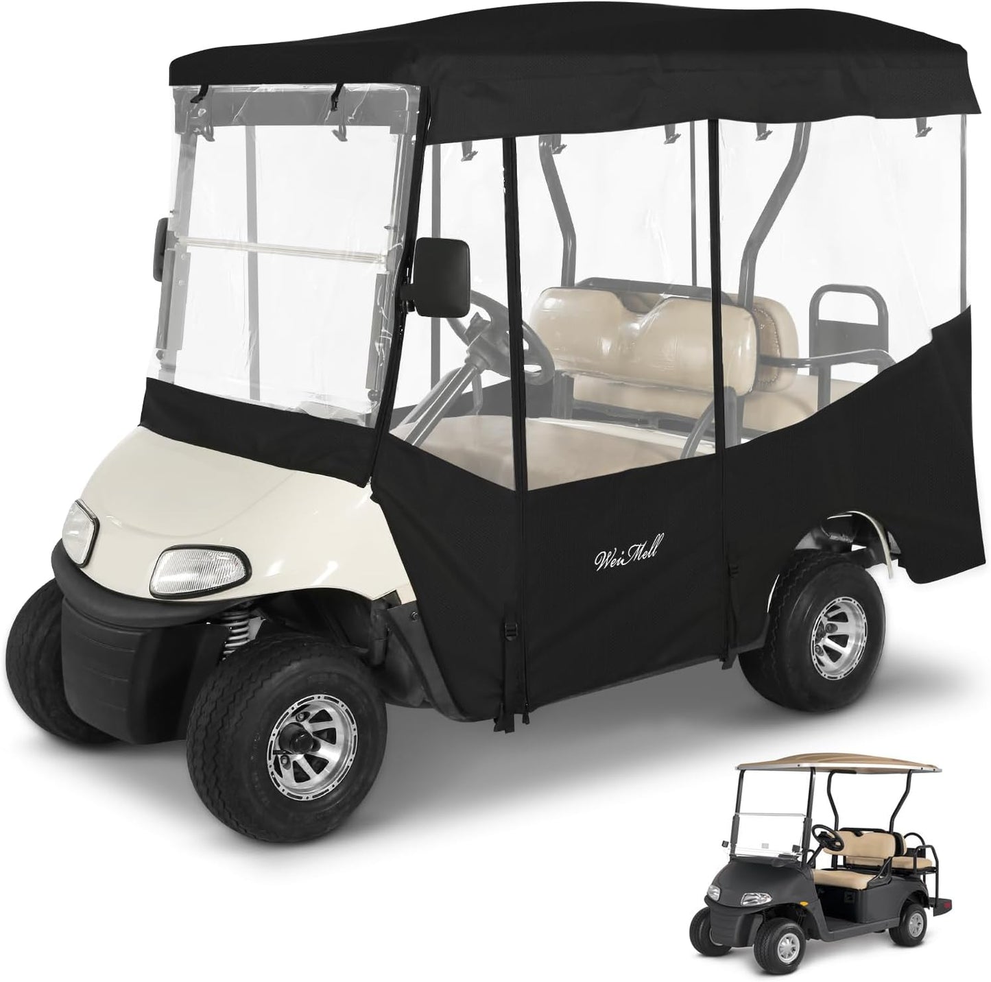 Golf Cart Enclosure 4 Passenger for EZGO RXV 2+2 Enclosure Waterproof Windproof Driving Rain Cover Fit 4-Seater Long Roof with 4-Sided Clear Windows Mirror Openings Roll-up Zipper Door Black