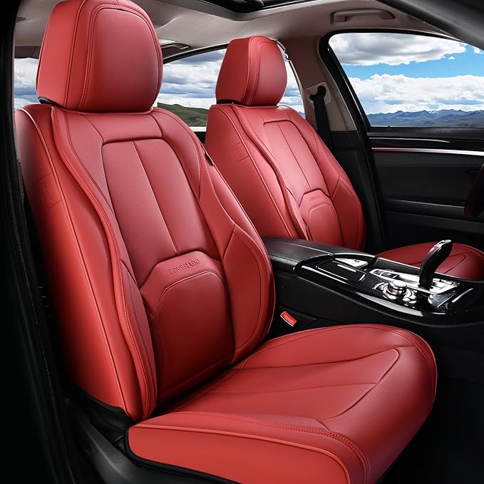 Coverado Car Seat Covers Full Set, Premium Nappa Leather Seat Covers for Car, Waterproof Car Seat Protector with Lumbar Support, Automotive Seat Covers Universal Fit for Most Cars SUV Truck, (Red)