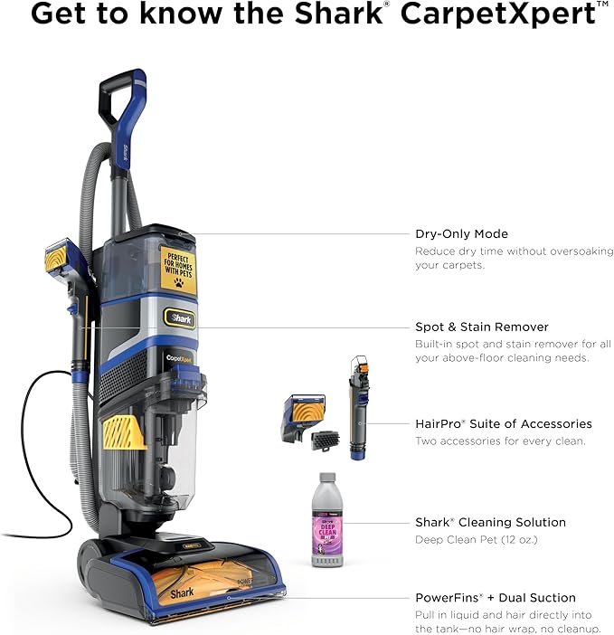 Shark CarpetXpert HairPro Upright Carpet, Area Rug & Upholstery Cleaner with Spot & Stain Remover, Perfect for Pets, Carpet Shampooer, 2 Cleaning Tools, Pet Cleaning Solution, Cobalt, EX251BRN