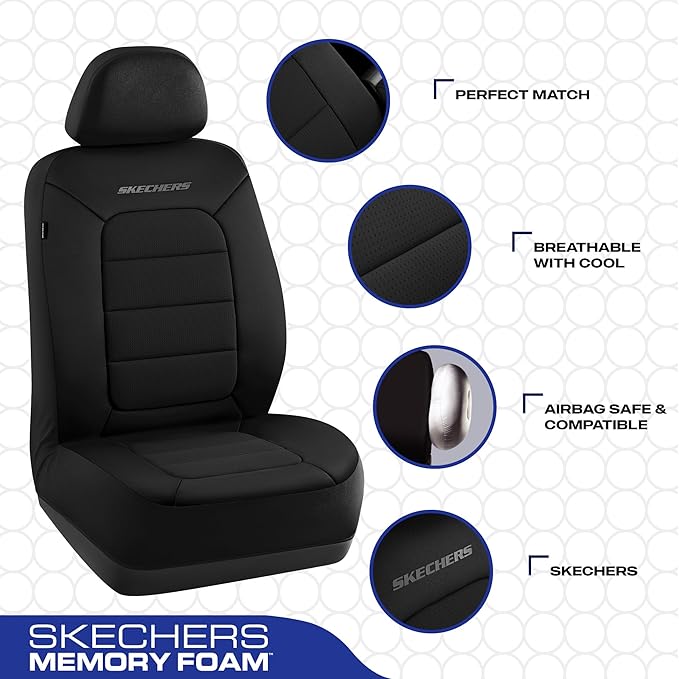 Skechers Memory Foam Seat Covers,Thick Cool Touch Fabric Car Seat Covers,Seat Cover Full Set Airbag Compatible,Automotive Comfort Protection for Most Cars,Vans,Trucks,SUV,Black