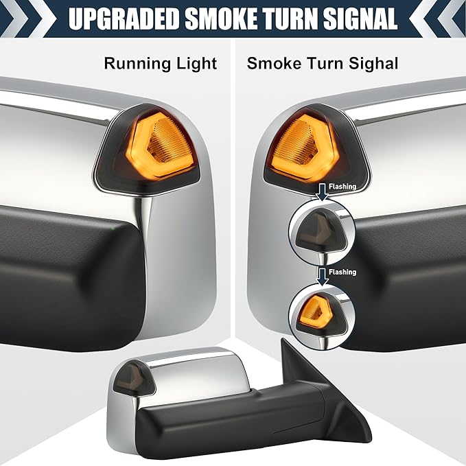 Tow Mirrors Compatible with 2009-2018 Dodge Ram 1500, 2010-2018 2500 3500, Flip Up Extended Trailer Towing Side Mirrors w/Smoked Turn Signal, Power Heated, Chrome