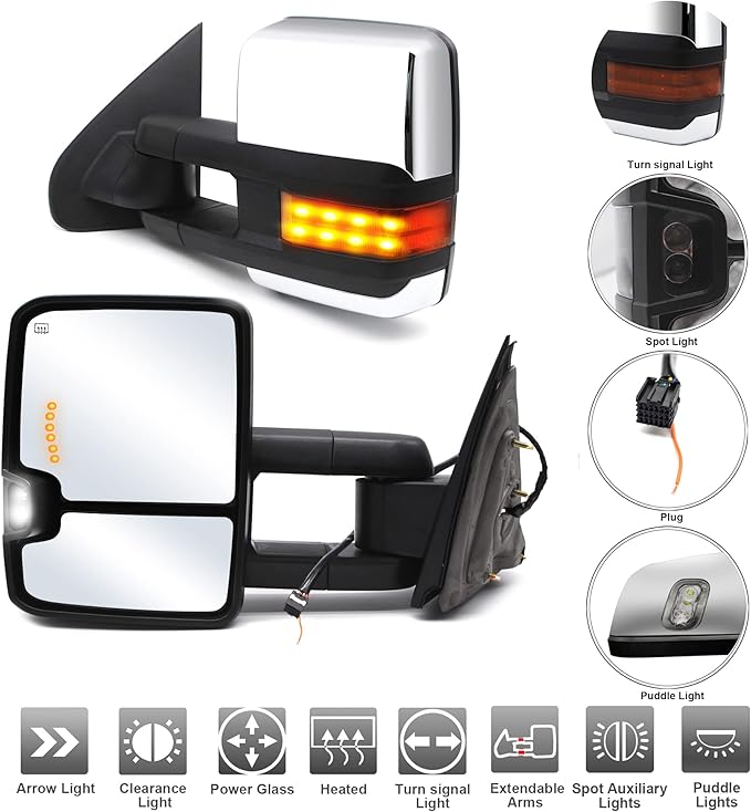 ReYee Towing Mirrors for 2014-2019 Chevy Silverado 1500 2500 3500 GMC Sierra with Heated Power Arrow Light Turn Signal Light Auxiliary Lamp Manual Fold Telescoping Chrome Cap
