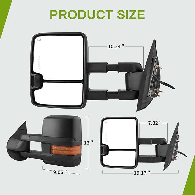 AUTOSAVER88 Towing Mirrors Compatible with 2007-2013 Chevy Silverado GMC Sierra 1500 2500HD 3500HD Extendable Power Heated Amber LED Turn Signal Manual Telescoping Folding Black Housing